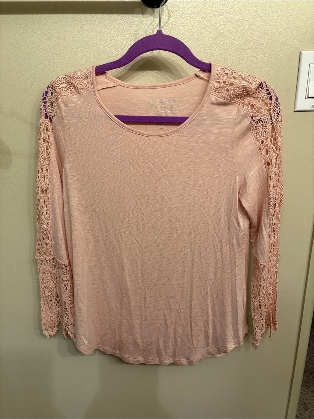 Chico's Blush Pink Crochet-Sleeve Long Sleeve Tee